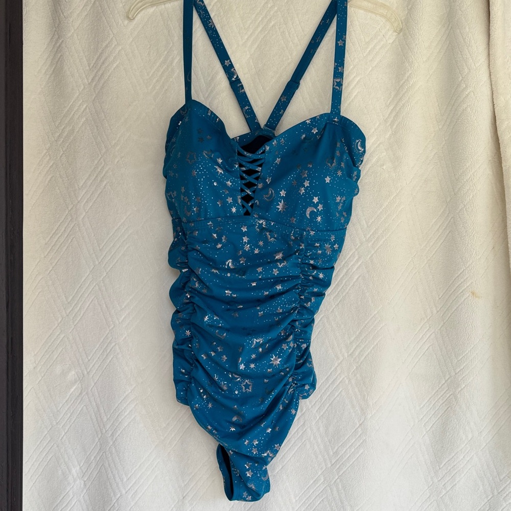 Torrid Blue Starry Ruched Swimsuit size 2